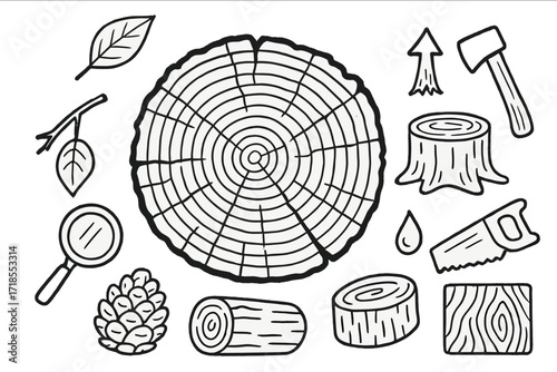Tree Rings Illustration. Hand-drawn doodle illustration [Tree rings] [tree ring cross-section, bark texture, annual ring lines, cracked wood, leaf, branch,