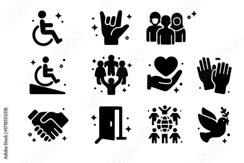 Inclusion Icons Grid. Inclusion. Solid icons set of wheelchair symbol, sign language hand, diverse people, accessible ramp, inclusive circle, support heart,