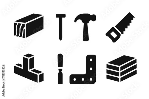 Wood Construction Icons. Solid, filled icon set of wooden wall construction elements: wooden beam, nail, hammer, saw, wood joint, chisel, bracket, wooden plank
