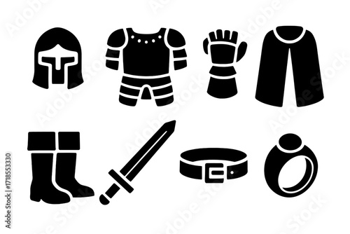 Medieval Attire Icons. Solid, filled icon set of medieval lord attire: helmet, armor, gauntlets, cape, boots, sword, belt, ring. Solid, filled icons in only
