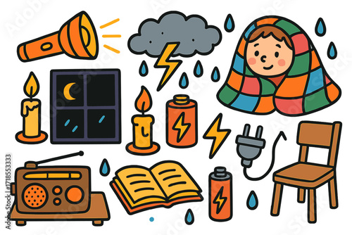 Emergency Preparedness Doodles. Colorful Hand-drawn doodle Children illustration Emergency Flashlight Power Outage flashlight, candle, dark window, blanket,