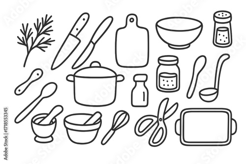 Kitchen Utensils Doodle. Hand-drawn doodle illustration dill kitchen tools dill sprig, knife, cutting board, bowl, pot, jar, measuring spoon, fork, spoon,
