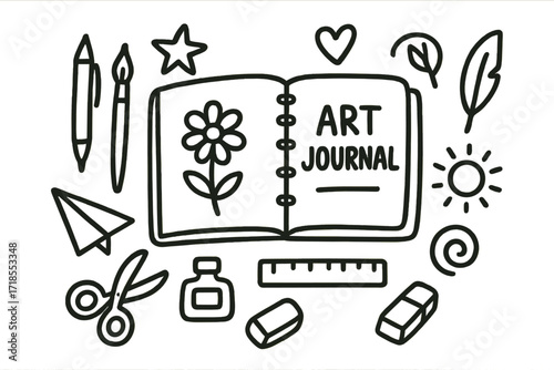 Doodle Sketchbook Icons. Hand-drawn doodle illustration Art journal sketchbook [open sketchbook, pen, paintbrush, doodle flower, doodle star, heart, leaf, sun,