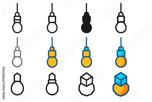 Vanity Bulb Logos. Set Logo of Vanity Light Bulb: Hanging cord vanity bulb. Logo set in vector style, emblematic variations. line, bold thick line, solid black