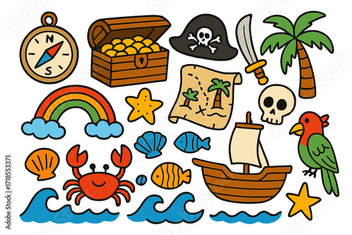 Island Adventure Doodles. Colorful Hand-drawn doodle Children illustration island adventure compass, treasure chest, pirate hat, palm tree, sword, map, skull,