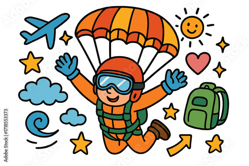 Colorful Parachuting Adventure. Freefall. Colorful Hand-drawn doodle Children illustration parachutist, goggles, helmet, parachute straps, star, heart,