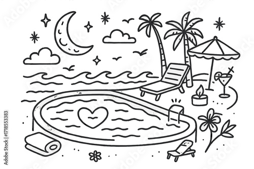 Romantic Infinity Pool Evening. Hand-drawn doodle illustration Romantic infinity pool evening [infinity pool, moon, star, sparkle, heart, cocktail glass,