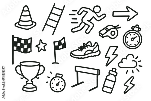 Agility Game Icons. Hand-drawn doodle illustration agility games cone, ladder, sprinting figure, arrow, whistle, stopwatch, running shoe, flag, hurdle, water
