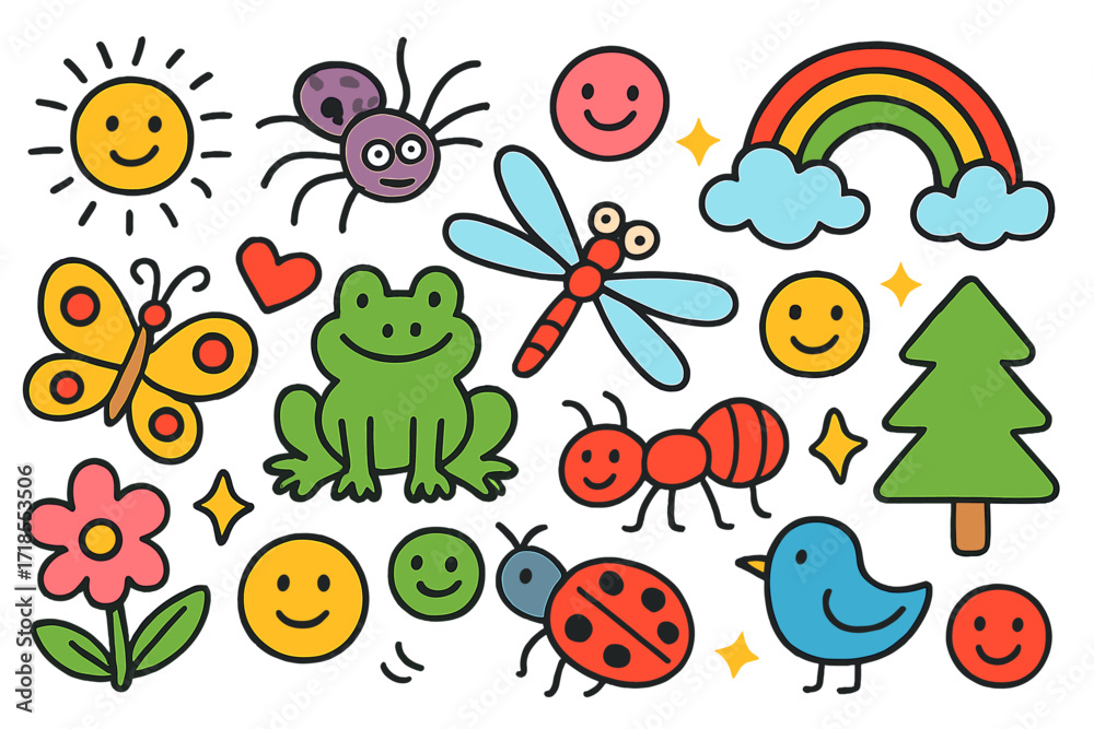 Naklejka premium Colorful Doodle Wildlife. Colorful Hand-drawn doodle Children illustration Insects and Predators frog, dragonfly, spider, ant, butterfly, beetle, flower, tree,