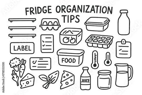 Organized Fridge Doodle. Hand-drawn doodle illustration Fridge organization tips [fridge shelves, egg carton, milk bottle, leftovers box, fruit drawer, ice