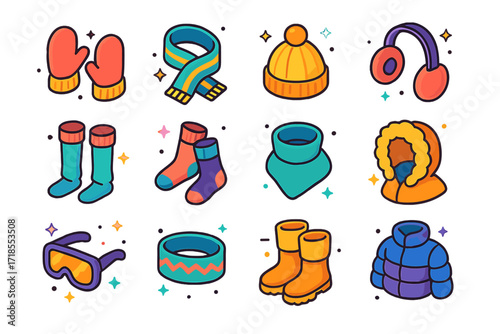 Winter Accessories Icons. Colorful isometric vector icons set of Winter Accessories Set: winter mittens, woolen scarf, beanie hat, earmuffs, leg warmers,