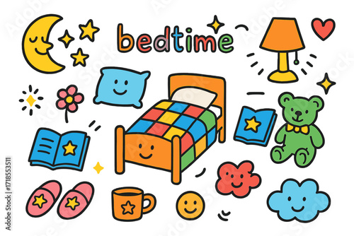 Children's Bedtime Doodle. Colorful Hand-drawn doodle Children illustration Bedtime Routine blanket, pillow, bed, lamp, book, teddy bear, slippers, mug, stars,
