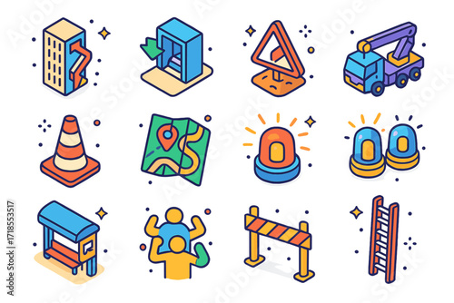 Urban Evacuation Icons. Colorful isometric vector icons set of urban emergency evacuation: skyscraper with escape route, subway exit, blocked road sign, rescue