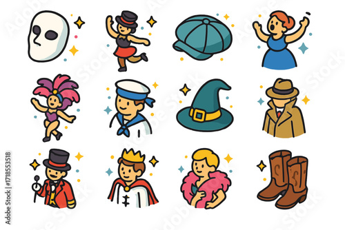 Iconic Musical Characters. Colorful isometric vector icons set of iconic musical theater characters: masked phantom, jazz dancer, newsboy cap, opera diva,