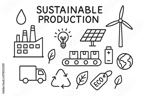 Sustainable Production Doodle. Sustainable production. Hand-drawn doodle illustration sustainable production factory, conveyor belt, solar panel, wind turbine,