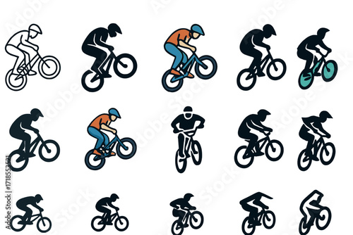 Dynamic BMX Logos. Set Logo of Fast-Paced Sports: BMX trick mid-air. Logo set in vector style, emblematic variations. line, bold thick line, solid black