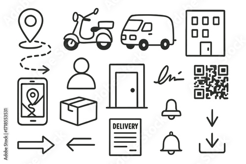 Doodle Delivery Elements. Hand-drawn doodle illustration Last mile delivery location pin, footpath, scooter, small van, apartment building, digital signature,
