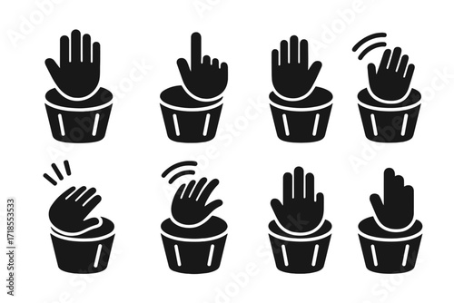 Hand Drum Icon Set. Solid, filled icon set of hand drum playing techniques: hand slap, finger tap, palm hit, rim shot, roll, muted hit, open tone, bass tone.