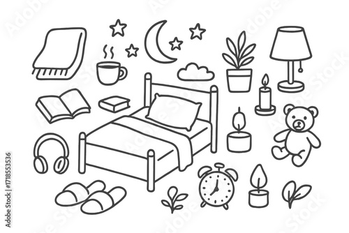 Cozy Bedtime Icons. Hand-drawn doodle illustration cozy bedtime relaxation blanket, bed, pillow, hot tea, book, lamp, slippers, stars, moon, plant, candle,
