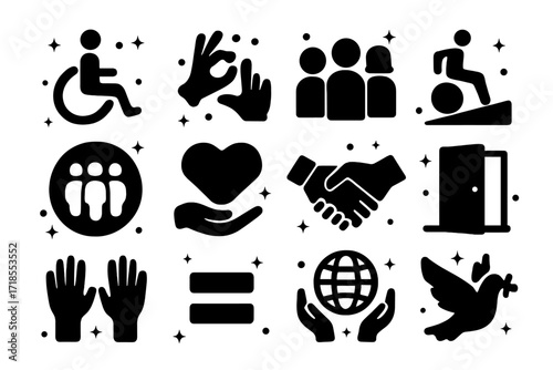 Inclusion Icons Grid. Inclusion. Solid icons set of wheelchair symbol, sign language hand, diverse people, accessible ramp, inclusive circle, support heart,