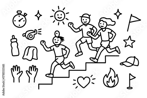 Fun Stair Run. Hand-drawn doodle illustration Fun stair run with friends [stairs, running figures, sneakers, stopwatch, whistle, water bottle, towel, heart,
