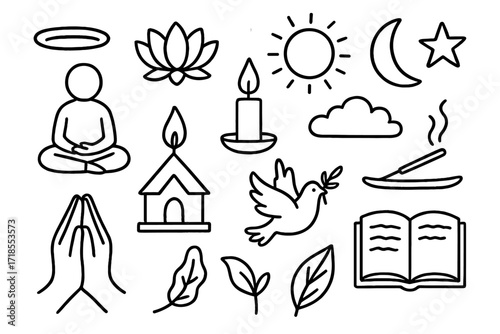 Spiritual Symbols Doodles. Hand-drawn doodle illustration [Spiritual guidance and enlightenment] [halo, lotus flower, sun, moon, star, meditation pose, candle,