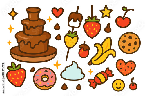 Chocolate Dream Doodles. Colorful Hand-drawn doodle Children illustration Chocolate dreams chocolate fountain, marshmallow, strawberry, banana, chocolate