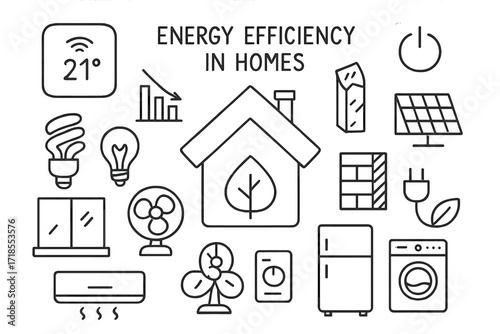 Energy Efficient Home Doodles. Hand-drawn doodle illustration [energy efficiency in homes] [smart thermostat, energy bulb, solar panel, insulation wall,
