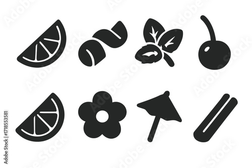 Cocktail Garnish Icons. Solid, filled icon set of shake garnishes: lime wedge, lemon twist, mint sprig, cherry, orange slice, edible flower, cocktail umbrella,