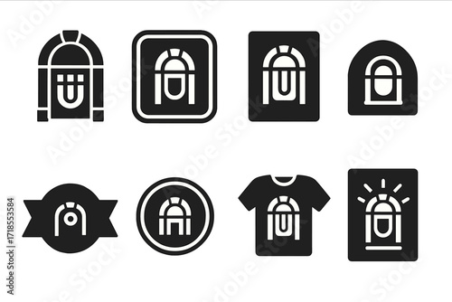 Black Jukebox Icon Set. Solid, filled icon set of jukebox commercial and branding: logo design, neon sign, promotional flyer, brand badge, marketing poster,