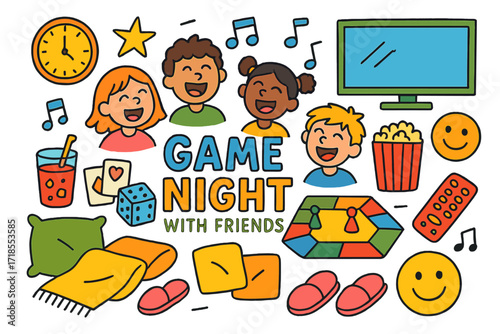Fun Game Night. Colorful Hand-drawn doodle Children illustration Game Night with Friends board game, dice, cards, laughing faces, popcorn, drinks, cushions,