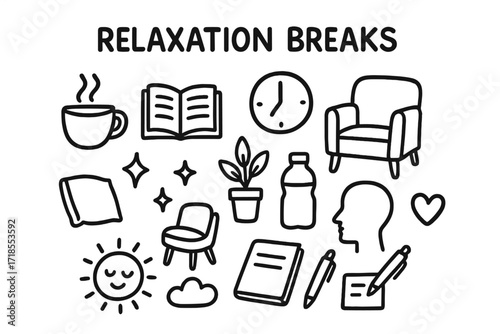 Relaxation Symbols Doodle. Hand-drawn doodle illustration Relaxation Breaks [coffee cup, book, chair, pillow, clock, sparkle, star, plant, head silhouette,
