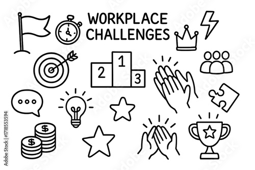 Workplace Icon Doodles. Hand-drawn doodle illustration workplace challenges and competitions flag, stopwatch, crown, lightning bolt, goal icon, leaderboard,
