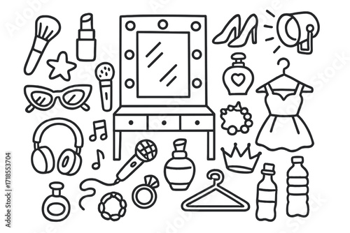 Pop Star Dressing Room. Hand-drawn doodle illustration backstage pop star dressing room mirror, makeup brush, lipstick, sunglasses, high heels, microphone,