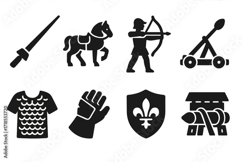 Medieval Combat Icons. Solid, filled icon set of medieval combat: jousting lance, warhorse, archer, catapult, battering ram, chainmail armor, gauntlet, shield
