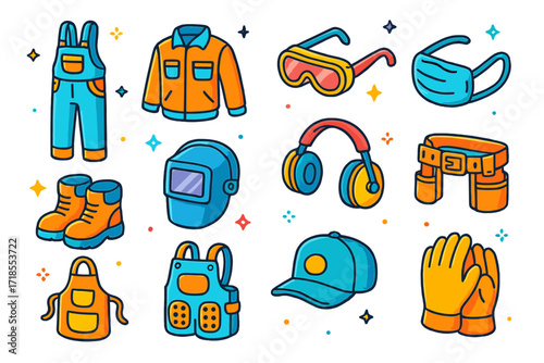 Colorful Mechanics Icons. Colorful isometric vector icons set of mechanic uniforms and safety gear: overalls, mechanic jacket, safety goggles, face mask,