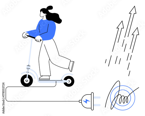 Young woman riding an electric scooter connected to a plug. Arrows mark upward momentum. Ideal for sustainability, urban mobility, eco-friendly transport, innovation, growth, technology