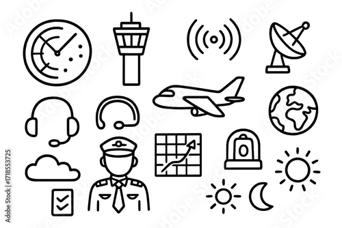 Air Traffic Doodle. Hand-drawn doodle illustration air traffic control radar screen, tower, radio waves, satellite dish, airplane icon, headset, pilot figure,