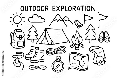 Outdoor Adventure Icons. Outdoor Exploration. Hand-drawn doodle illustration outdoor exploration tent, campfire, backpack, boots, rope, compass, mountain, sun,