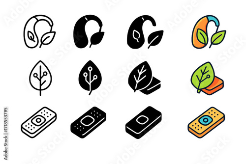 Biodegradable Medical Icons. Icon Set of Biodegradable Medical Tech: Eco-friendly hearing aid, Organic circuit implant, Biodegradable sensor patch. Icons set