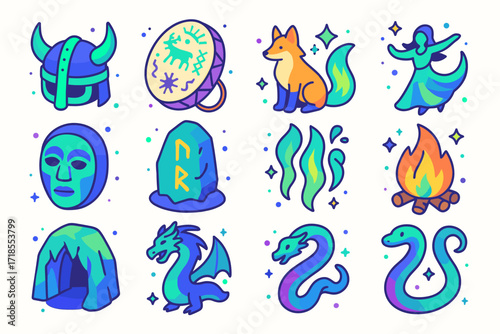 Aurora Borealis Icons. Colorful isometric vector icons set of aurora borealis myths and legends: Norse helmet, Sami drum, fox with glowing tail, magical
