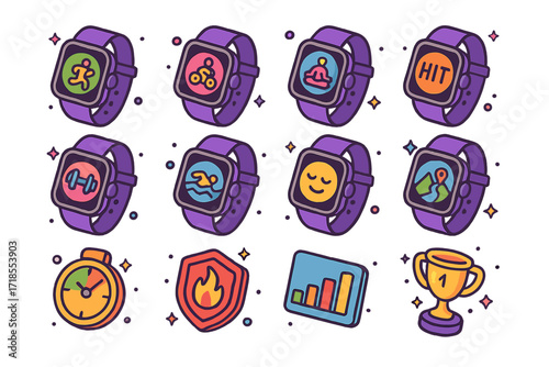 Fitness App Icon Set. Colorful isometric vector icons set of smartwatch fitness apps: running app, cycling app, yoga app, HIIT app, strength training app,
