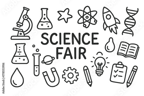 Science Fair Doodles. Hand-drawn doodle illustration Science fair exploration [microscope, beaker, test tube, atom, rocket, star, DNA strand, book, planet,