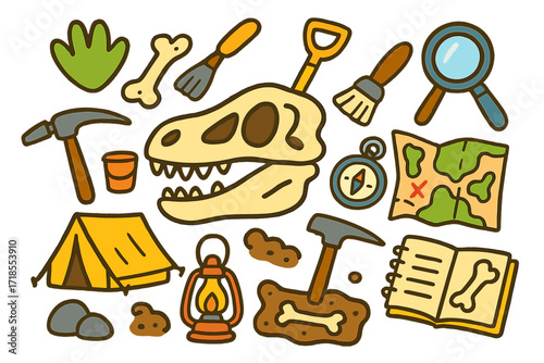 Dinosaur Fossil Adventure. Colorful Hand-drawn doodle Children illustration Dinosaur excavation [dinosaur skull, digging shovel, brush, magnifying glass,