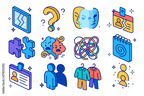 Identity Crisis Icons. Colorful isometric vector icons set of identity crisis: broken mirror, swirling question mark, fading mask, disconnected puzzle pieces,