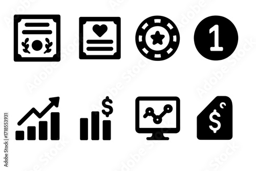 Stock Icons Grid. Solid, filled icon set of stock types: common stock, preferred stock, blue chip, penny stock, growth stock, dividend stock, tech stock, value