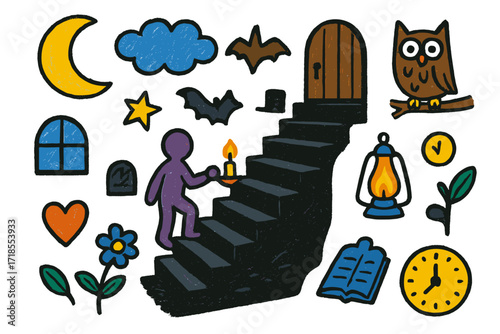 Mystical Stairway Adventure. Colorful Hand-drawn doodle Children illustration Mysterious Stairs [dark stairs, person, candle, lantern, bat, star, moon, cloud,