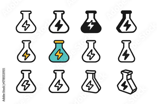 Colorful Flask Logos. Set Logo of Flasks: Flask with electric spark symbol. Logo set in vector style, emblematic variations. line, bold thick line, solid black