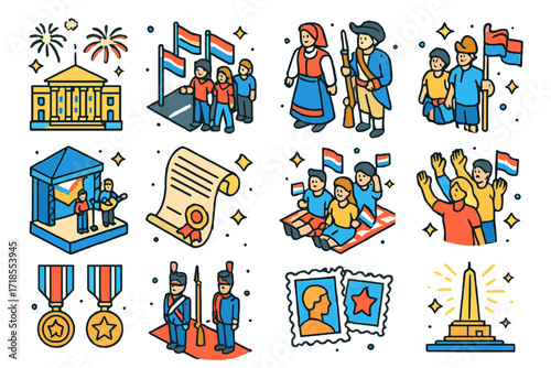 Festive National Icons. Colorful isometric vector icons set of National holidays in a republic: fireworks over building, parade with flags, traditional