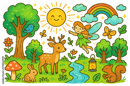 Magical Sunlit Forest. Colorful Hand-drawn doodle Children illustration Magical sunlit forest [sparkling sun, glowing trees, fairy, deer, rabbit, butterfly,